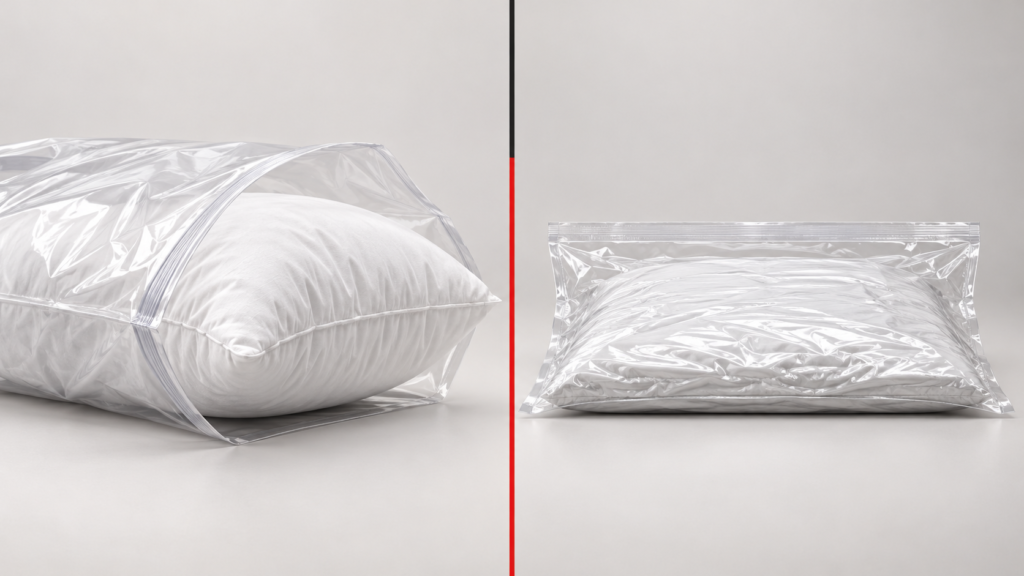 Concept illustration comparing an uncompressed pillow in an open bag with a compressed pillow in a sealed bag