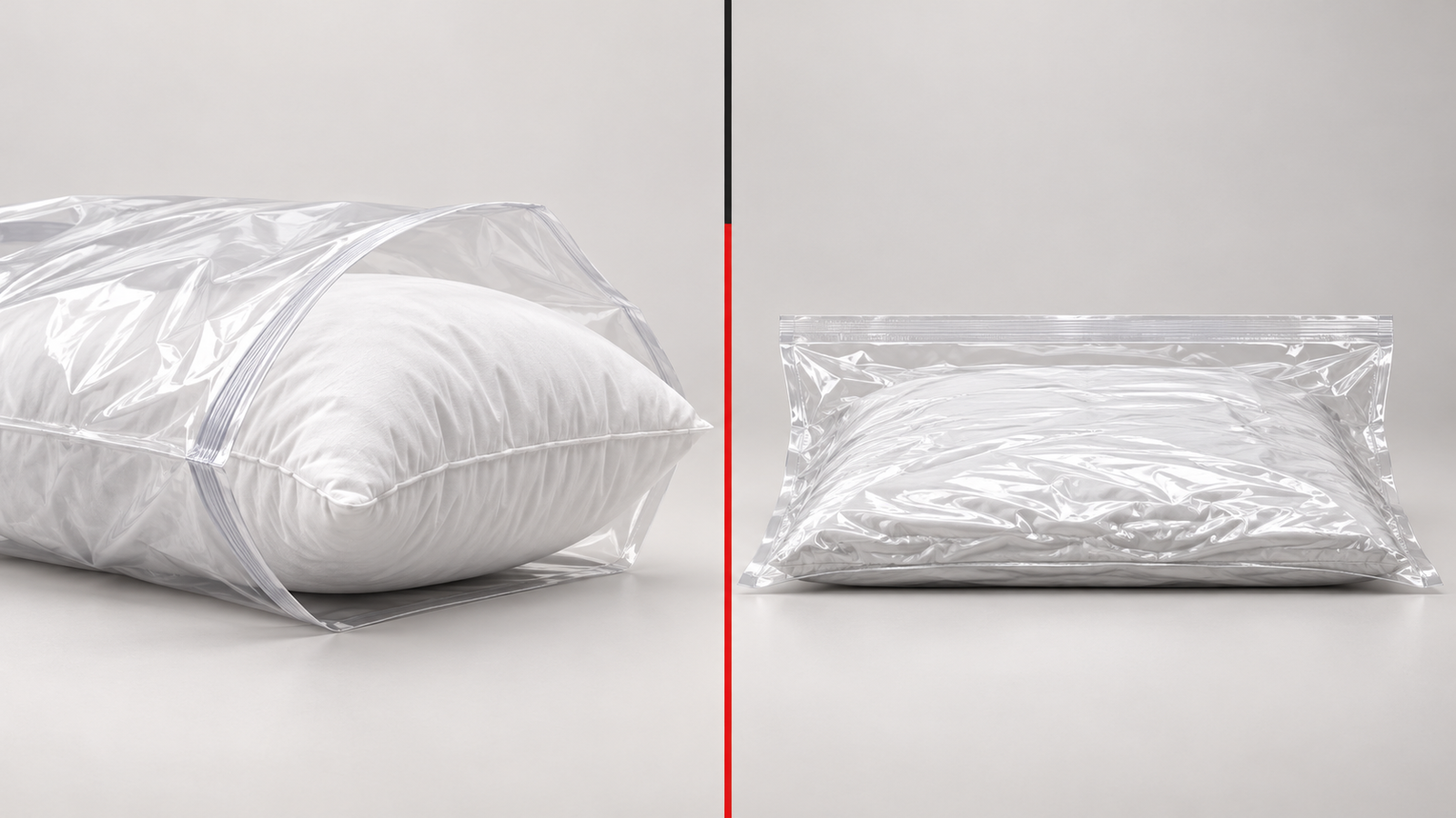 Concept illustration comparing an uncompressed pillow in an open bag with a compressed pillow in a sealed bag